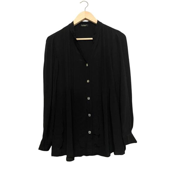 Loco Lindo Pintuck Button Up Shirt Women Size Small‎ Black V-neck Boho Flowy - Picture 1 of 5